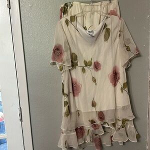 Jbs cream flow top w skirt set w pink flowers